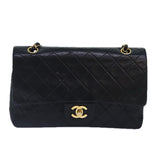 Chanel Matelasse 25 Turn Lock Chain Bag Lamb Skin Black Gold CC Auth yk14418